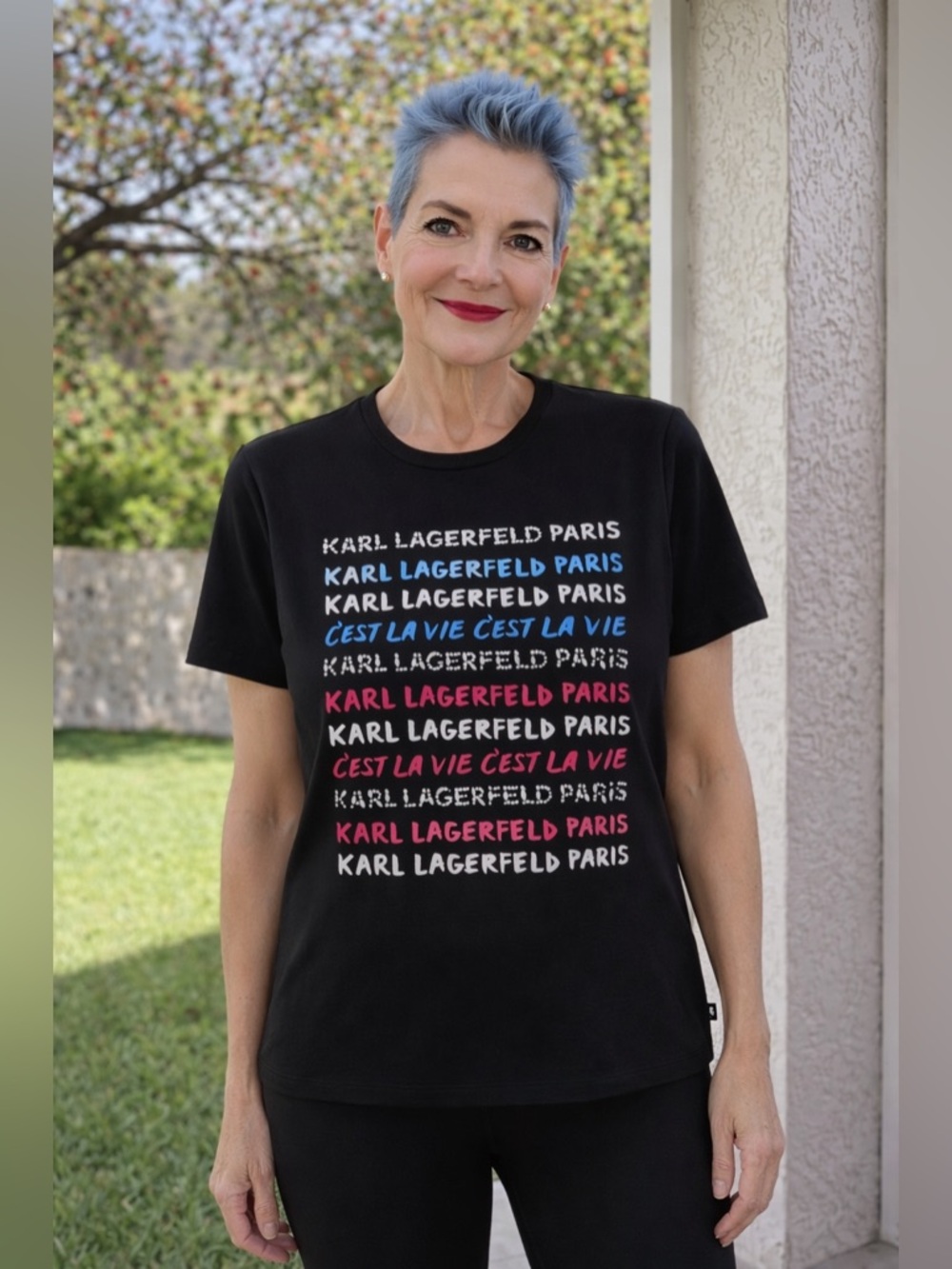 Karl Lagerfeld Paris Graphic Tee XS Pearl Rhinestone Logo Black NWT Chic T-shirt